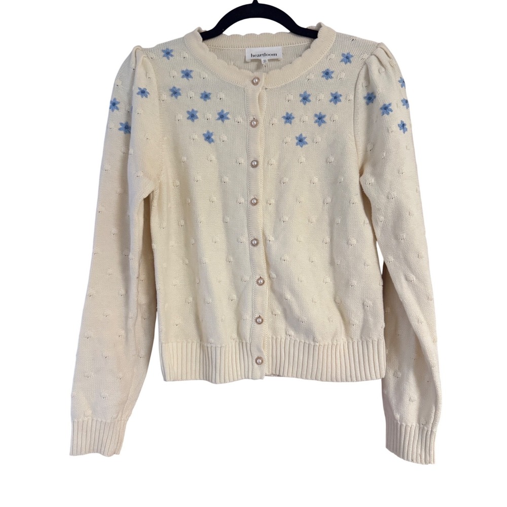 Heartloom Cream Floral Embroidered Pointelle Cardigan Pearl Button Sweater M